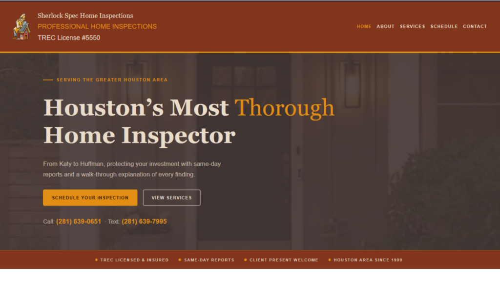 Website redesign for Sherlock Spec Home Inspections Divi to Blocks redesign